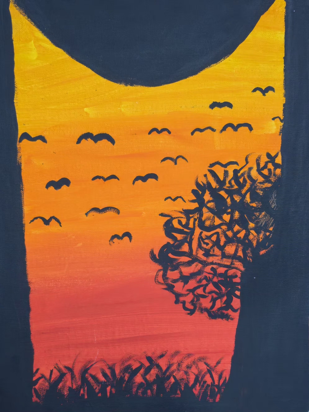 Hand Crafted Orange Yellow Sunset with Navy Silhouettes